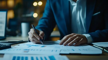 Leinwandbilder - Businessman accountant or financial expert analyze business report graph and finance chart at corporate office Concept of finance economy banking business and stock market research uds : Generative AI