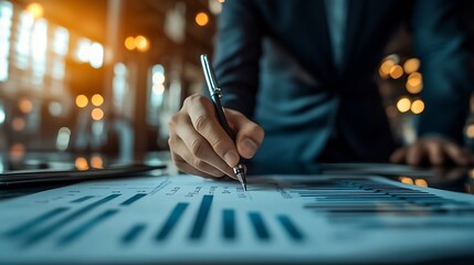 Fototapete - Businessman finance analyst analyzing financial report and economic growth graph chart Business strategy planning and solution budget management business success finance investment bac : Generative AI