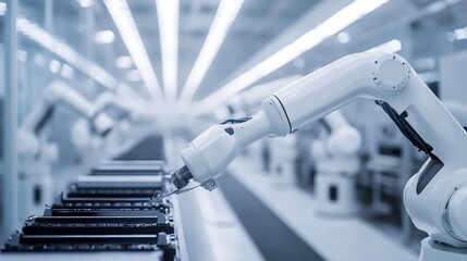 Poster - Row of White Robotic Arms at Modern Factory LithiumIon EV Battery Pack Production at Automated Assembly Line at Bright Factory Equipped With Industrial Robot Arms Electric Car Manufact : Generative AI