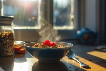 Canvas Print - A bowl of breakfast cereal with fresh raspberries on top