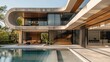 © visoot - A very wide concrete and wood luxury residence with large sliding glass doors on the 1st floor. An outdoor pool. The building is made of concrete slabs that protrude to form an outdoor seating space.