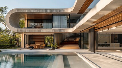 A very wide concrete and wood luxury residence with large sliding glass doors on the 1st floor. An outdoor pool. The building is made of concrete slabs that protrude to form an outdoor seating space.