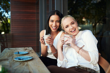 Wall Mural - Portrait, coffee and friends in cafe, smile and bonding of women, laughing and happy to relax in weekend. Customer, enjoy and girls with beverage for conversation, morning and break for students