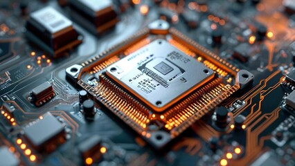 Close-up view of a computer processor chip on a circuit board.  The chip is glowing orange and surrounded by other electronic components.