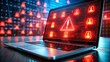 © Four888 - Flash red warning lights illuminate a darkened computer screen displaying a grid of coding symbols as a digital threat is detected and alarm sounds.