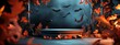 © Simon - Background podium sale 3D Halloween banner orange autumn with bats and fall leaves. Abstract dark black sale product background podium poster stage platform dais template fall leaves night.