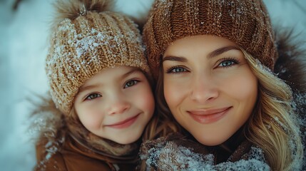 Wall Mural - A mother and daughter smile warmly at the camera while wearing winter hats and coats.