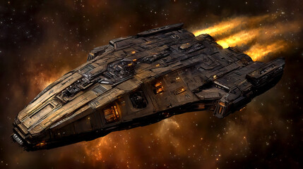 Wall Mural - Futuristic grungy spaceship traveling through space with engines flaring, universe galaxy, military exploration spacecraft, interstellar travel