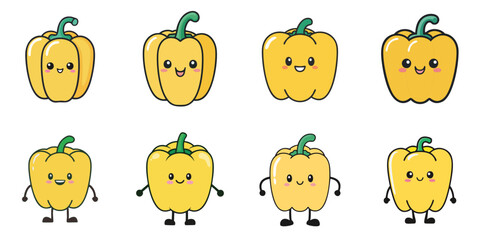 Wall Mural - Illustration of multiple cute yellow bell pepper characters, black outline