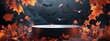 © Simon - Background podium sale 3D Halloween banner orange autumn with bats and fall leaves. Abstract dark black sale product background podium poster stage platform dais template fall leaves night.