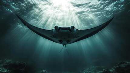 A majestic manta ray glides gracefully through sunlit ocean waters, ideal for marine life themes, conservation efforts, or adventure travel promotions,