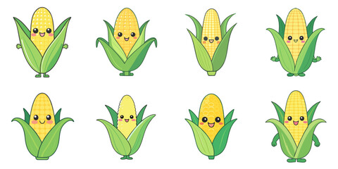 Wall Mural - Illustration of several cute corn characters, black outline