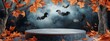 © Simon - Background podium sale 3D Halloween banner orange autumn with bats and fall leaves. Abstract dark black sale product background podium poster stage platform dais template fall leaves night.