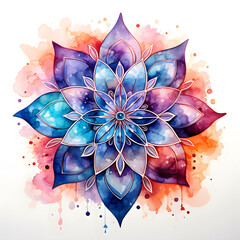 Poster - Elegant Vibrant Watercolor Mandala on White Background: High-Definition Vibrant Abstract Colorful Floral with Ornamental Patterns. 3D Mandala Design. Plate of Flower