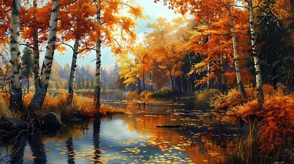 Canvas Print - A serene autumn landscape with vibrant orange foliage reflecting in a calm lake.