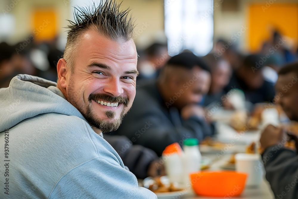 Smiling man with mohawk in homeless shelter, documentary style, wide ...
