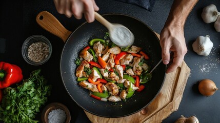 Person cooking a healthy meal, with fresh ingredients like chicken, peppers, and onions in a skillet