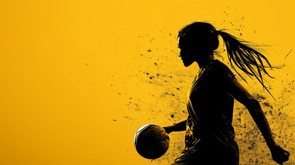 Female handball player in silhouette about to throw a ball against a textured yellow background