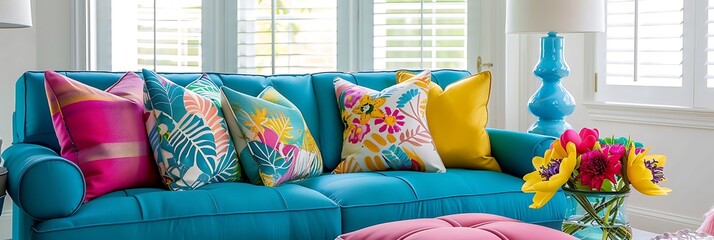 Sticker - A vibrant living room featuring a turquoise sofa adorned with colorful floral cushions and a decorative vase.