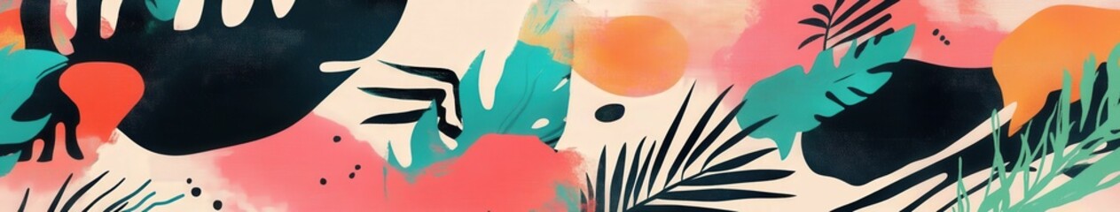 Sticker - Colorful abstract tropical mural featuring plants and vibrant shapes