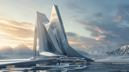 Wall Mural - Futuristic skyscraper stands tall against a backdrop of snow-covered mountains with a calm body of water reflecting the building and the sky above. The image evokes a sense of promise of a new era.