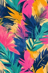 Wall Mural - Colorful tropical foliage pattern in vibrant pink, green, and yellow shades