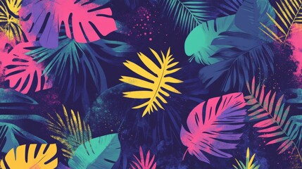 Wall Mural - Colorful tropical leaves pattern on a dark background in vibrant hues