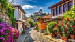 © Four888 - Historic cobblestone streets and ancient architecture of Plovdiv's Old Town, Bulgaria, surrounded by picturesque hills and vibrant flowers under a clear blue sky.