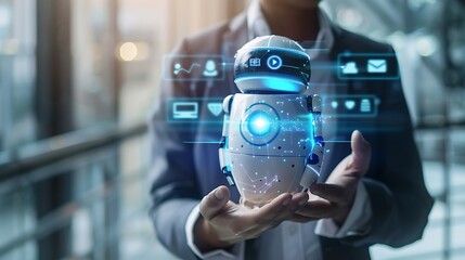 Wall Mural - businessman holds a futuristic robot in his hands, representing the growing role of artificial intel