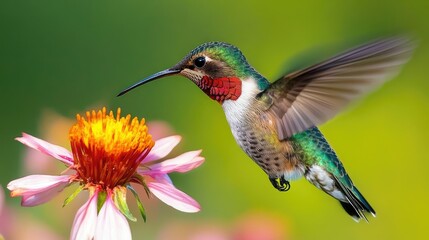 Wall Mural - A close-up of a hummingbird hovering near a blooming flower, sipping nectar on a bright spring day