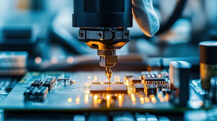 Wall Mural - A close-up of a microcontroller being integrated into a robotic system, highlighting the electronics side of mechatronics