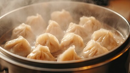 Poster - A close-up of a steaming pot of dumplings being prepared for a Lunar New Year meal, symbolizing wealth and unity