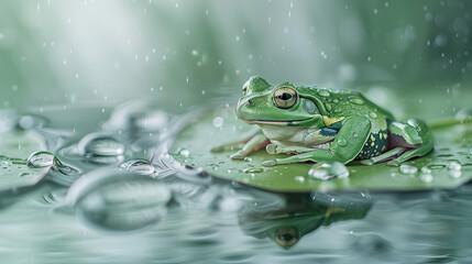 A green tree frog resting on a water lily pad, surrounded by serene pond reflections and delicate water droplets