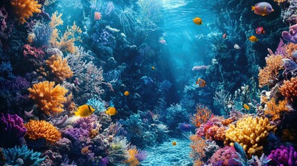 Wall Mural - A hyper-real underwater scene with vibrant coral reefs and fish that seem to glow with otherworldly colors