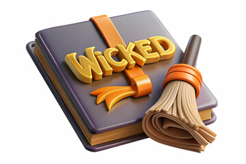 Flat Witchs Grimoire and Broom with Wicked Text concept as An isolated vector featuring a witchs grimoire and broom with the word Wicked in a playful spooky font. The elements are set against a white 