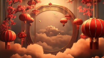 Circular gold frame with hanging lanterns and stylized clouds in a festive Chinese background