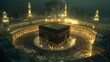 © Helois - Aerial view of the Kaaba in Mecca, Saudi Arabia, at night, surrounded by a large crowd of Muslims performing the Tawaf (circumambulation).