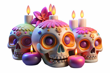 Glossy Calavera with Holographic Cempas chil concept as Close up of a glossy calavera surrounded by holographic cempas chil flowers isolated on a white background offering a colorful and modern Dia de