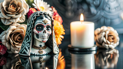 Glossy Candle with Reflective Catrina concept as A close up of a glossy candle placed next to a reflective Catrina figure set against a dark glossy background symbolizing the elegance and spiritual re