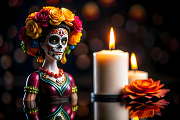 Glossy Candle with Reflective Catrina concept as A close up of a glossy candle placed next to a reflective Catrina figure set against a dark glossy background symbolizing the elegance and spiritual re