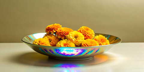 Glossy Offering Bowl with Holographic Marigolds concept as Wide shot of a glossy offering bowl surrounded by holographic marigolds isolated on a white background creating a serene and spiritual Dia de