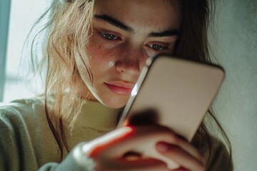 Intense girl focused on smartphone screen, dramatic lighting