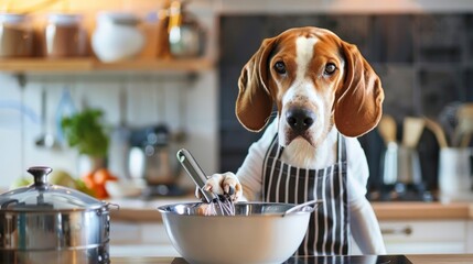 A dog wearing an apron stirs a bowl with a whisk in a kitchen.