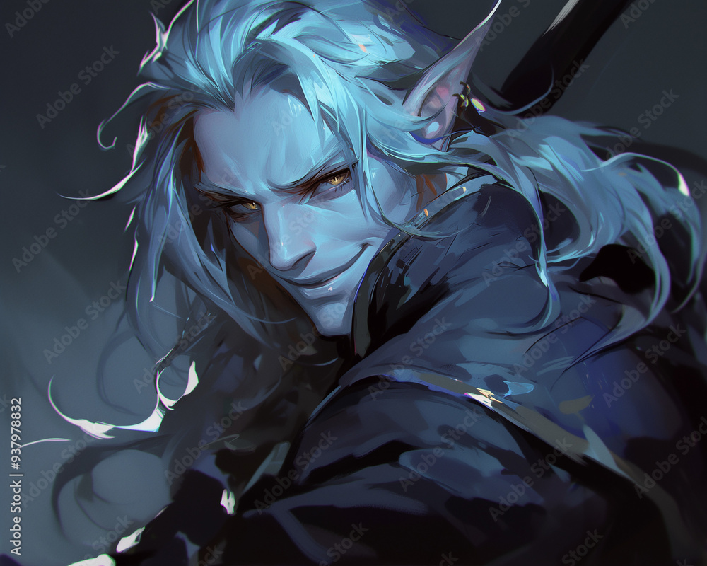 dramatic portrait of an elf male with long white hair, sharp features ...