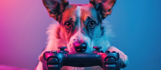 a dog enjoys digital game entertainment with a neon style isolated joystick