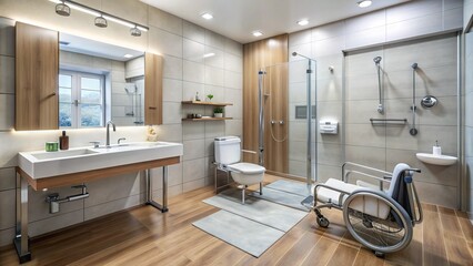 modern handicap accessible bathroom with grab bars, roll-in shower, and adjustable sink, designed fo