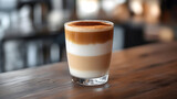 A beautifully layered latte macchiato served in a clear glass, placed on a wooden table with a blurred cafe background.
