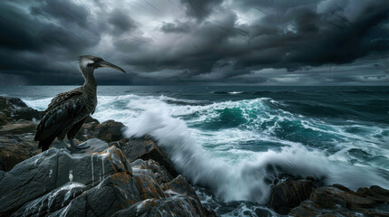 Wall Mural - A hornbill standing on a rocky outcrop, the ocean waves crashing below, the birdâ€™s feathers ruffled by the sea breeze