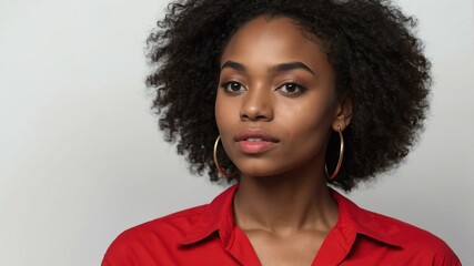 Wall Mural - teen stunning brunette subsaharan african woman with red shirt model portrait standing straight on a plain white background for ad concept space for text