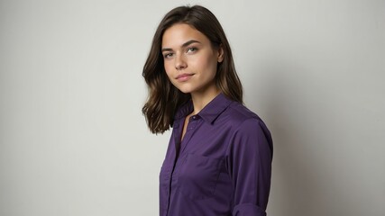 teen stunning brunette caucasian woman with purple shirt model portrait standing straight on a plain white background for ad concept space for text